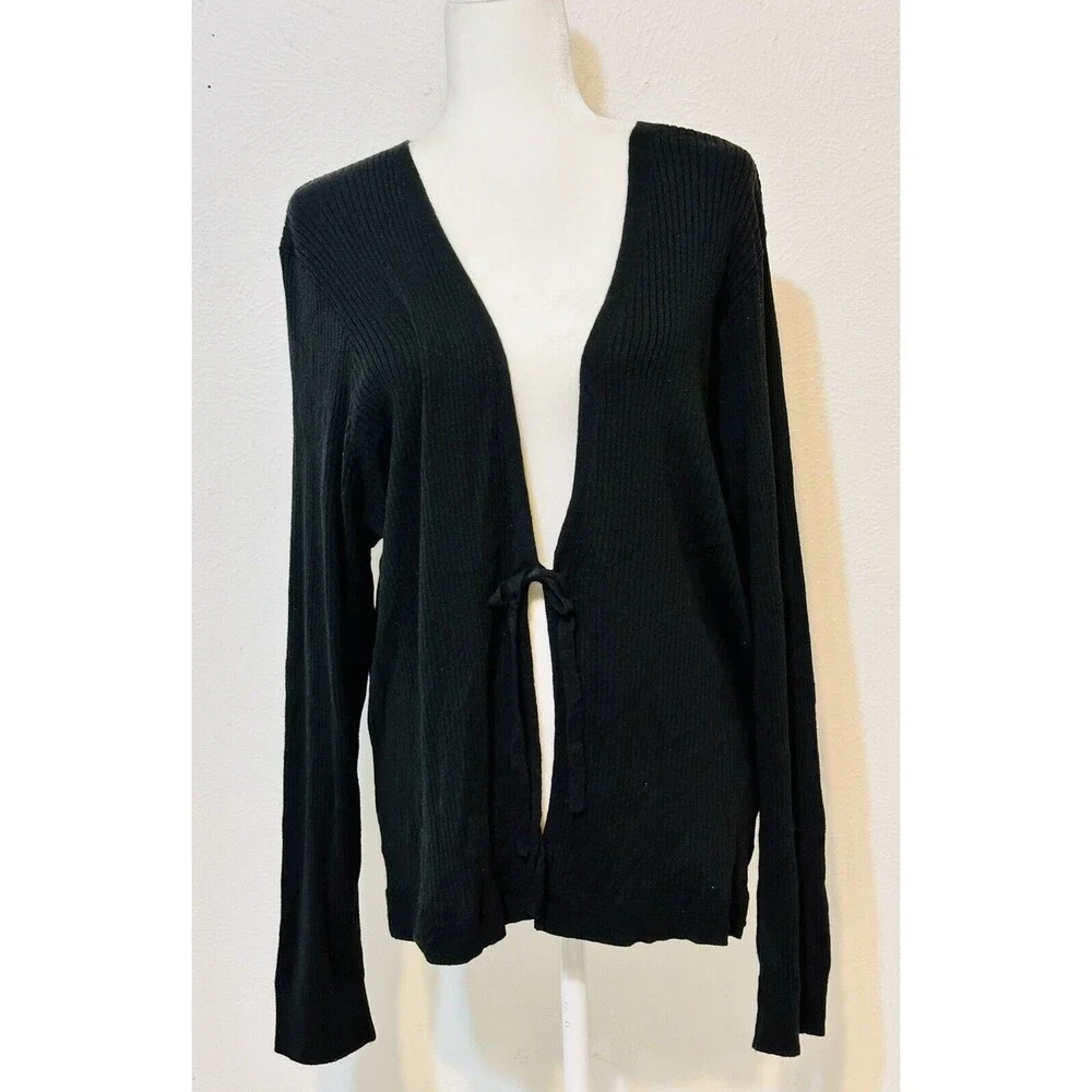 Torrid Women Size 4 Black Ribbed Tie Front Long Sleeve Cardigan Everyday Staple